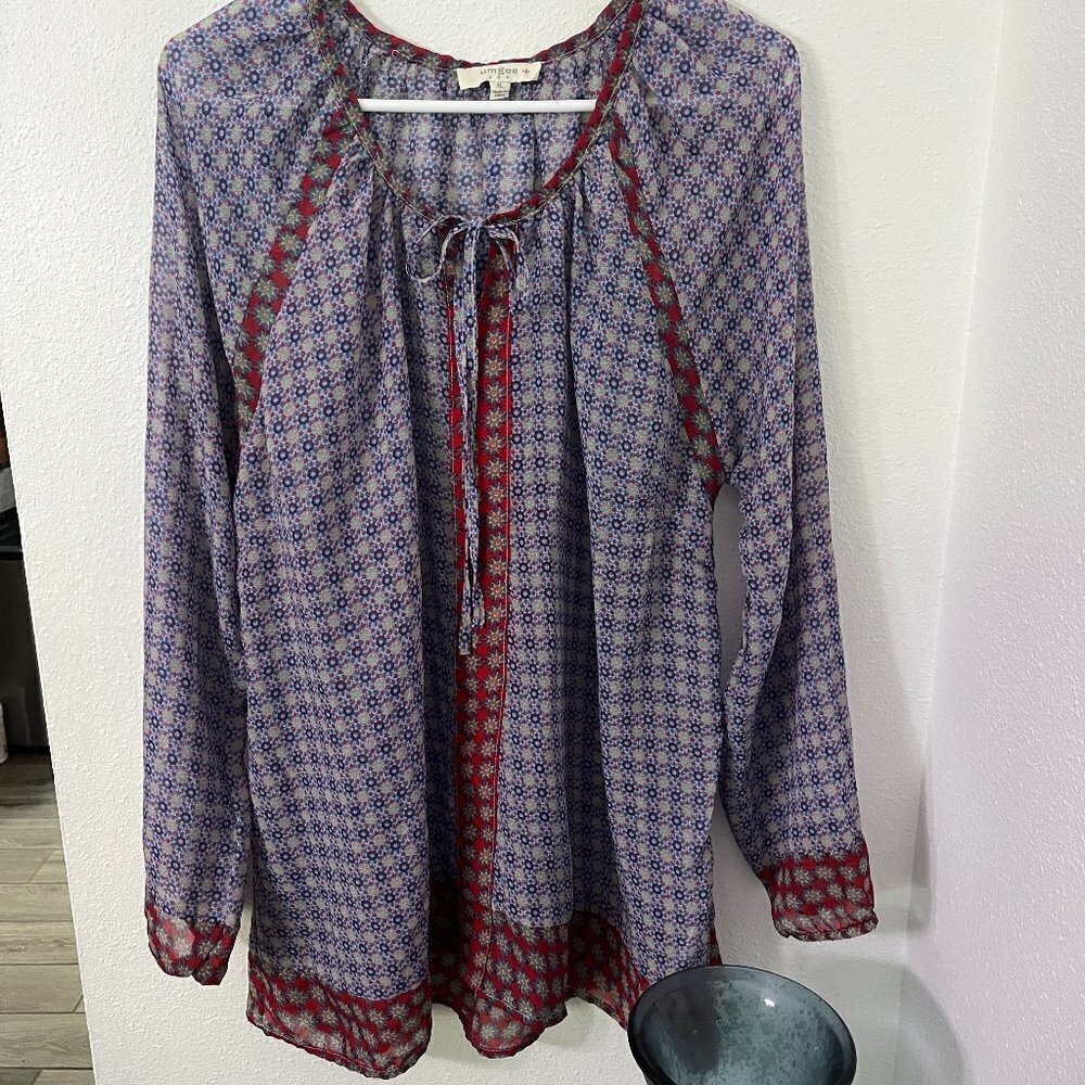 Umgee Long Sleeve Sheer Floral Print Mix Media Tie Front Scoop Neck Boho Size XL